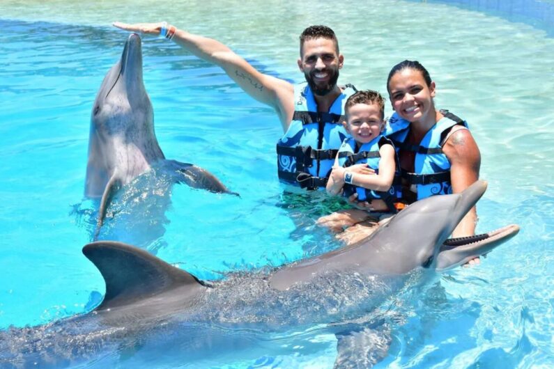 family having fun with dolphins in dolphin discovery playa del carmen