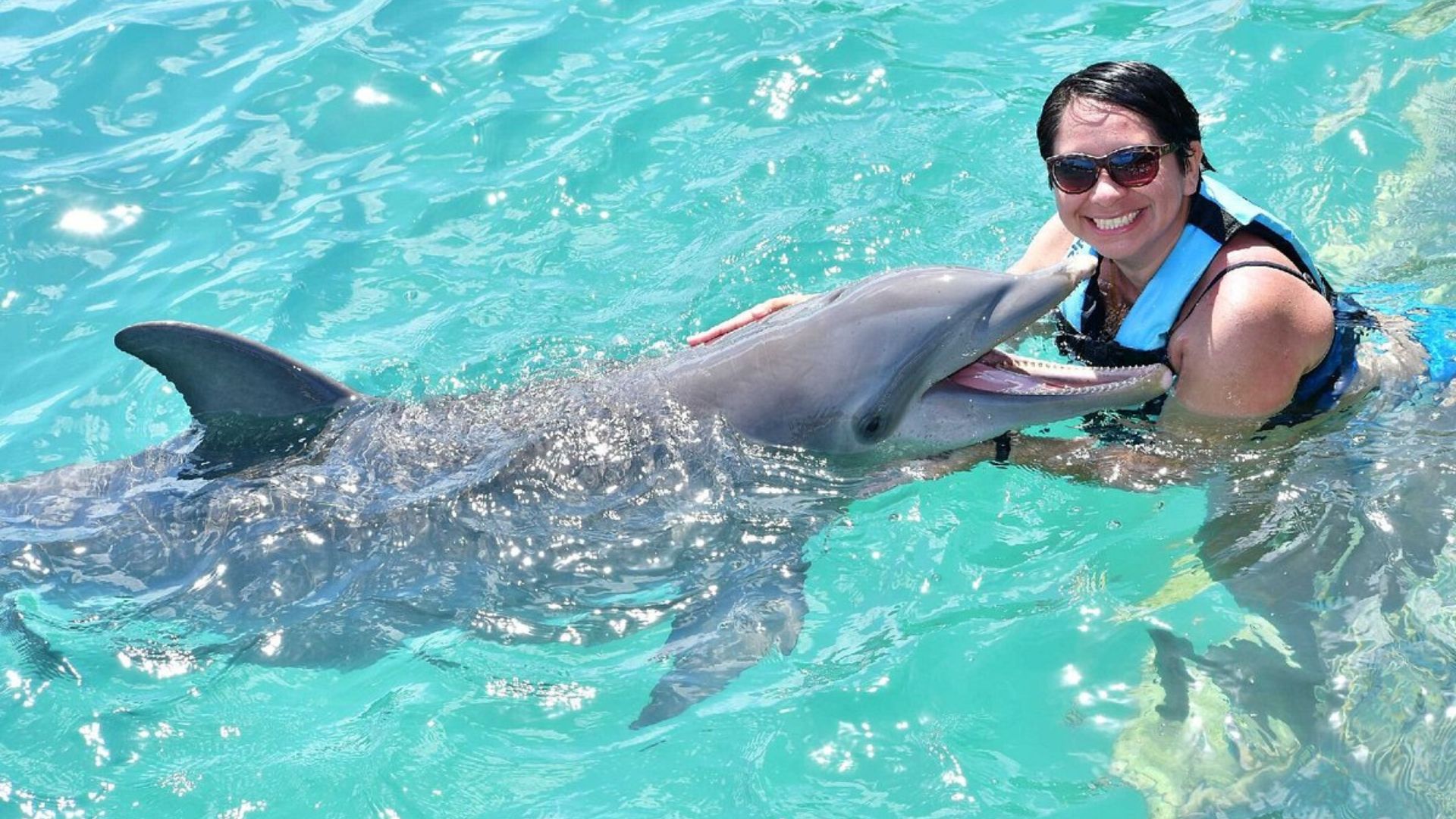 woman swimming with a dolphin