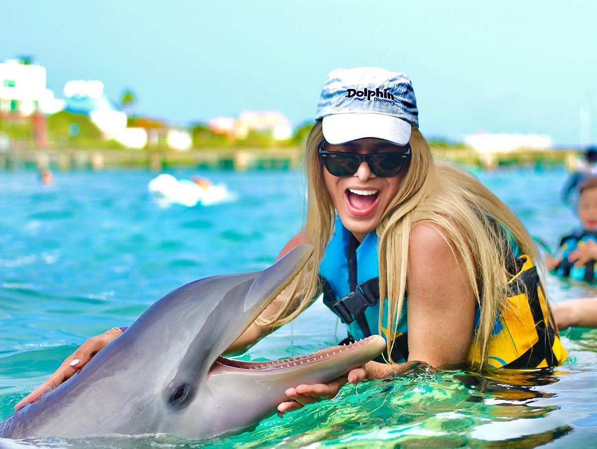 woman swimming with a dolphin on Isla Mujeres