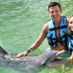 cuple swimming with dolphins